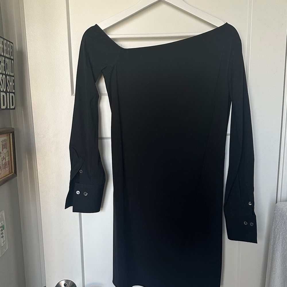 Theory Black Long-Sleeve Asymmetrical Shoulder Dress Size 00 - Picture 5 of 5